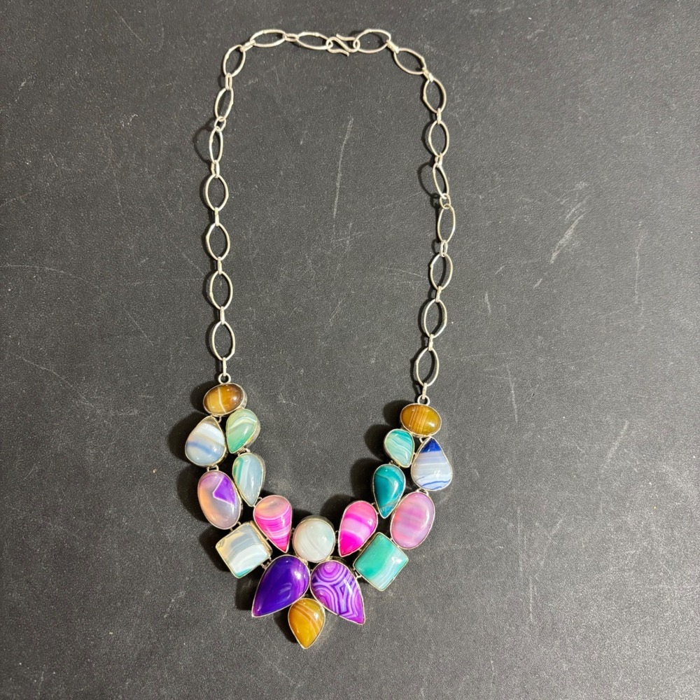 Multicolor Agate Stone Bib Statement Necklace Silver Tone Chain 18 Inch